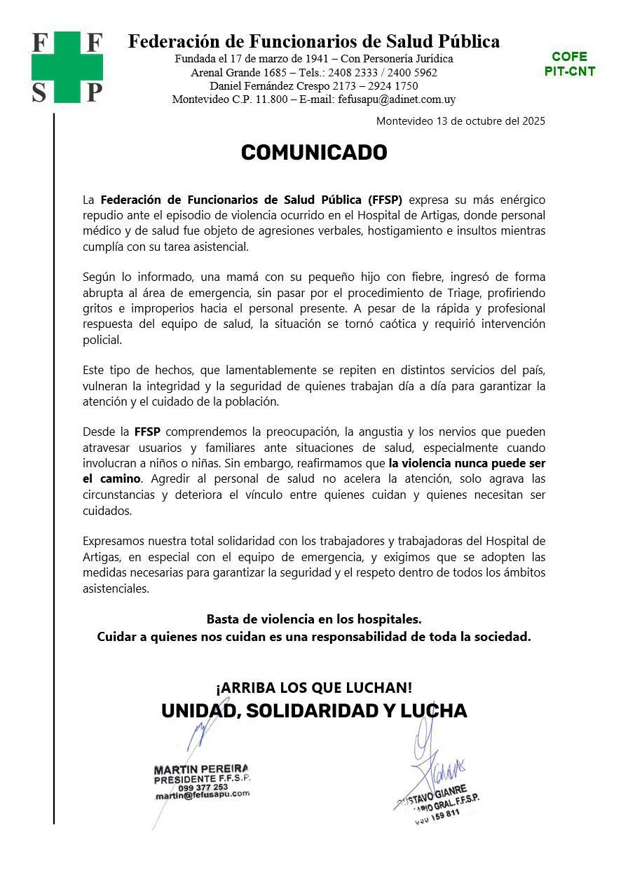 comunicado Federación de Funcionarios de Salud Pública